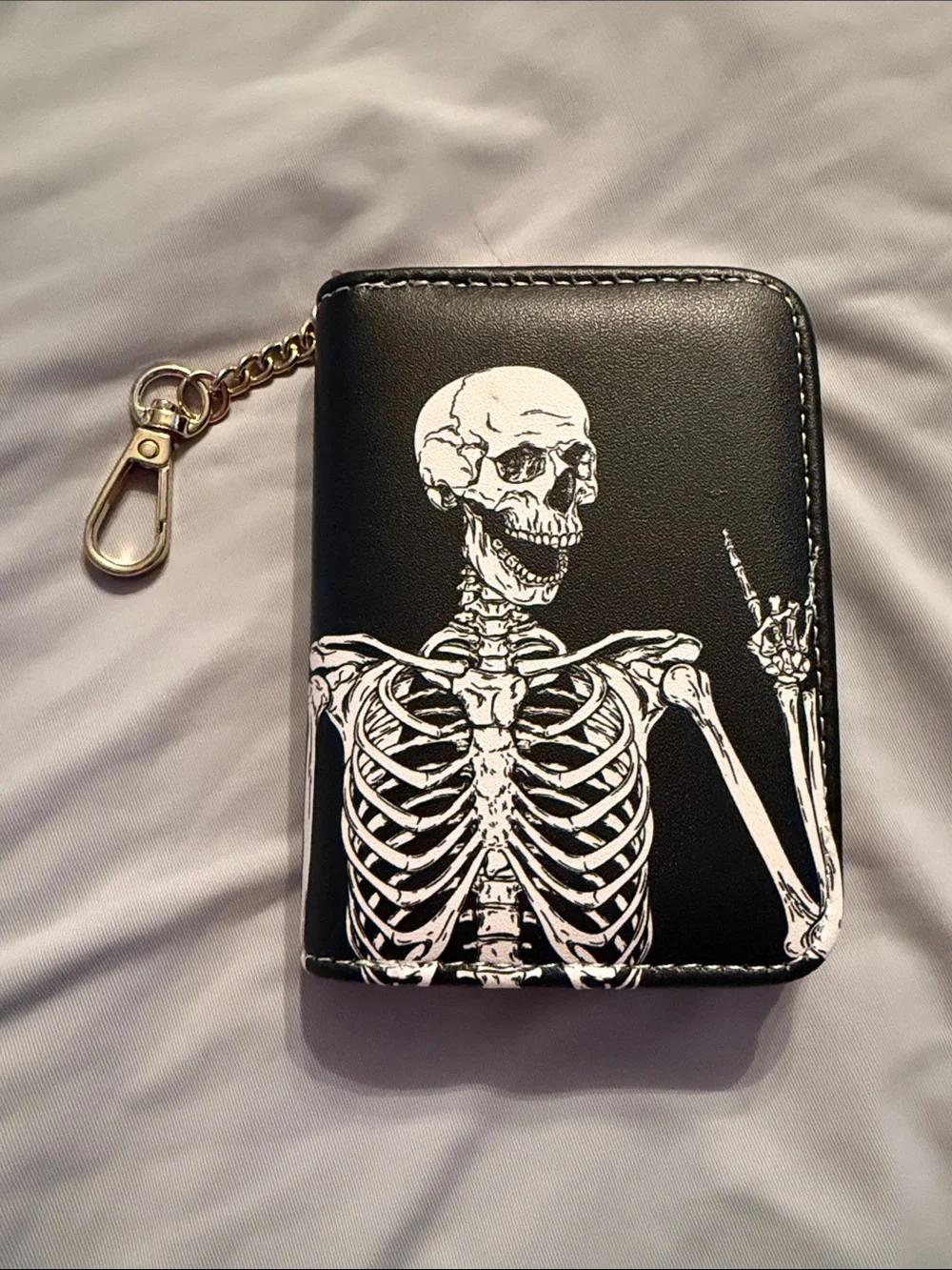 Black Skeleton Print Wallet Card Holder with Keychain